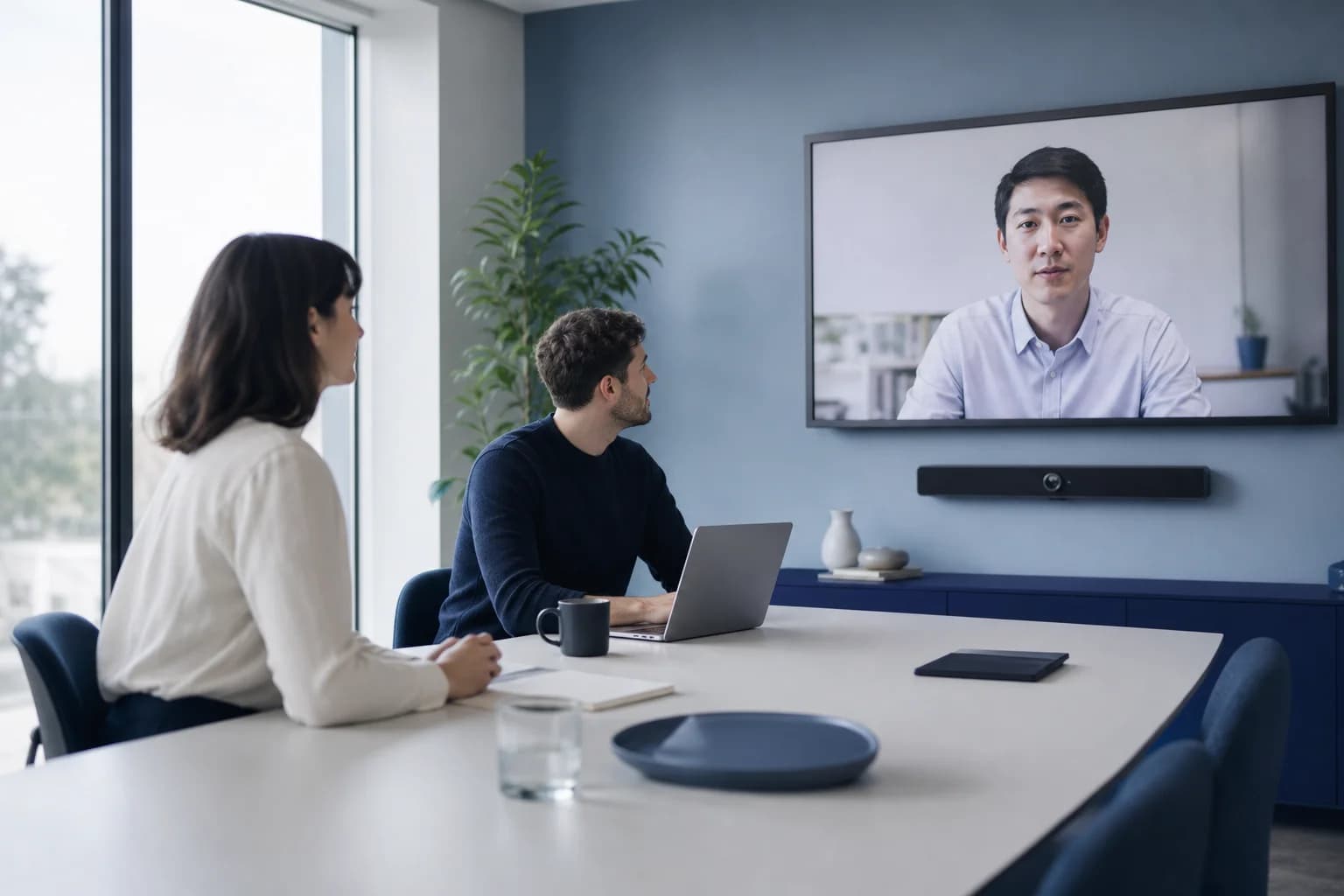 Remote engineering team discussing software plans in a modern office