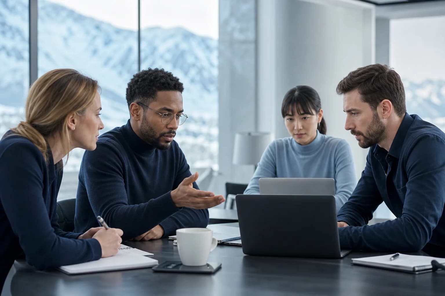 Remote engineering team planning work in a bright modern office
