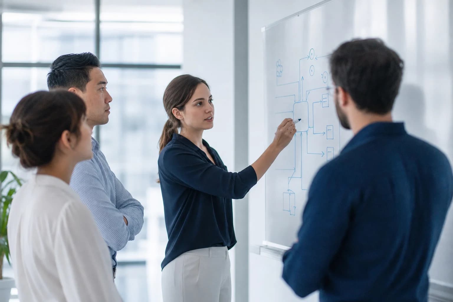 Engineering team planning an AI product workflow in a modern office