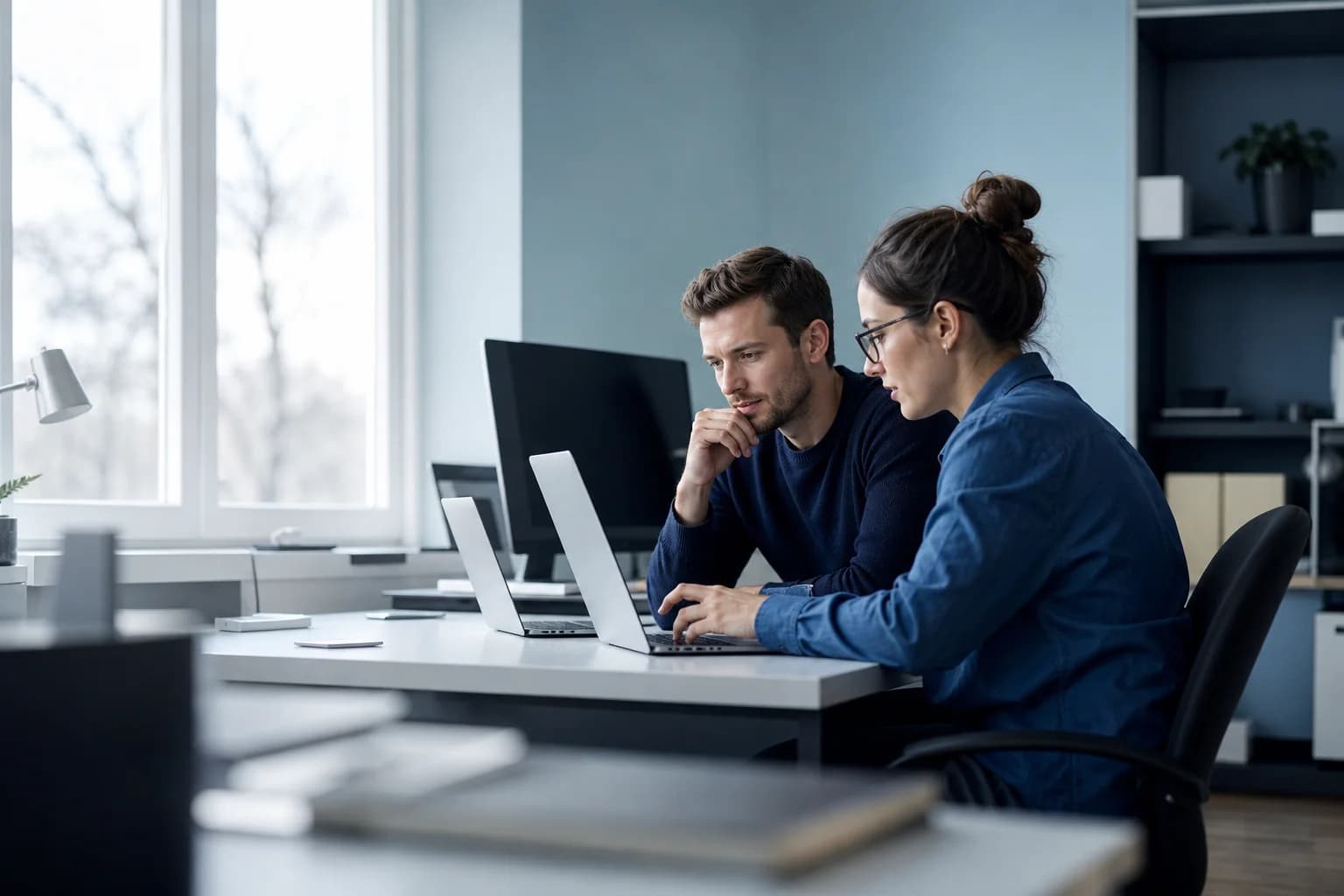 Remote software developers collaborating in a bright modern workspace.