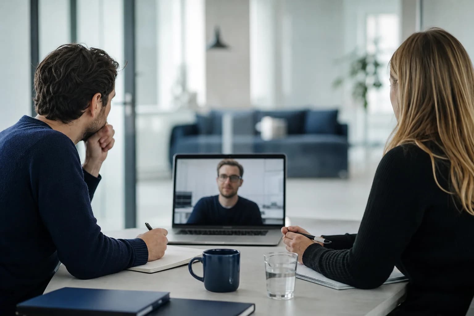 Hiring managers reviewing remote developer candidates in a modern office